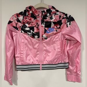 Nike Girl M Windbreaker Jacket Pink Floral Zip Up Hooded Pockets Satin
